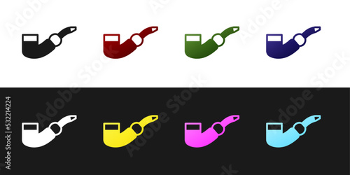 Set Smoking pipe icon isolated on black and white background. Tobacco pipe. Vector