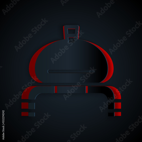 Paper cut Bread and salt on towel icon isolated on black background. National food loaf. Traditional ukrainian wedding bread. Paper art style. Vector