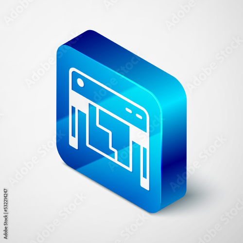 Isometric Plotter icon isolated on grey background. Large format multifunction printer. Polygraphy, printshop service. Blue square button. Vector