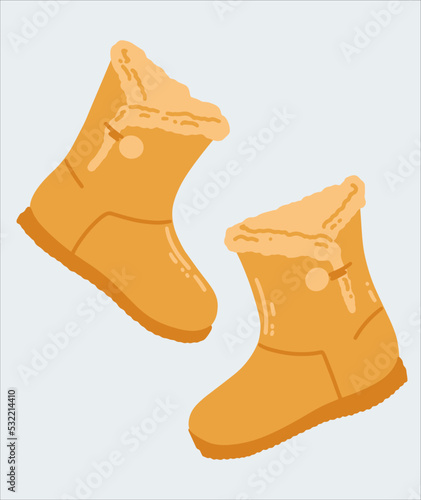 A pair of winter warm women's boots. Beige fur ugg boots. Vector illustration in a flat style.