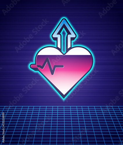 Retro style Heartbeat increase icon isolated futuristic landscape background. Increased heart rate. 80s fashion party. Vector