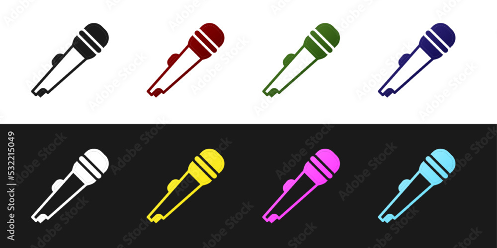 Set Microphone icon isolated on black and white background. On air radio mic microphone. Speaker sign. Vector Set Microphone icon isolated on black and white background. On air radio mic microphone. Speaker sign. Vector