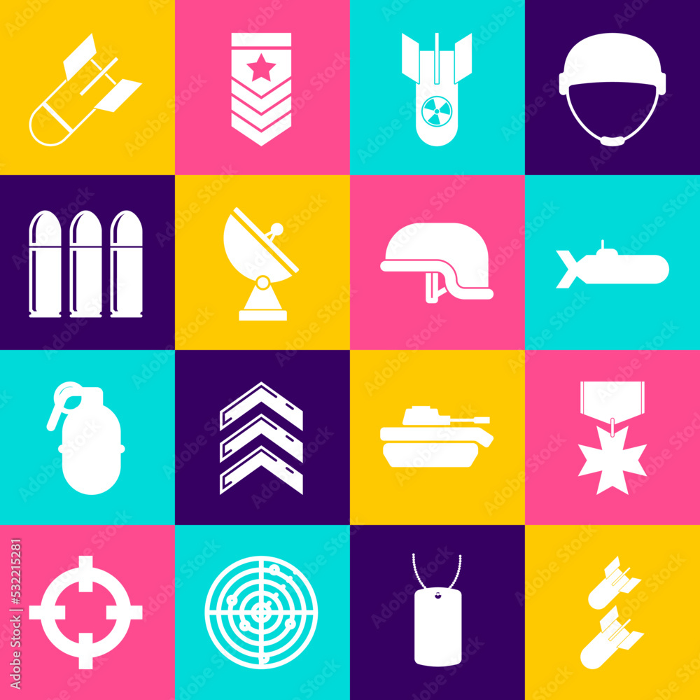 Set Aviation bomb, Military reward medal, Submarine, Nuclear, Radar, Bullet, and helmet icon. Vector Set Aviation bomb, Military reward medal, Submarine, Nuclear, Radar, Bullet, and helmet icon. Vector