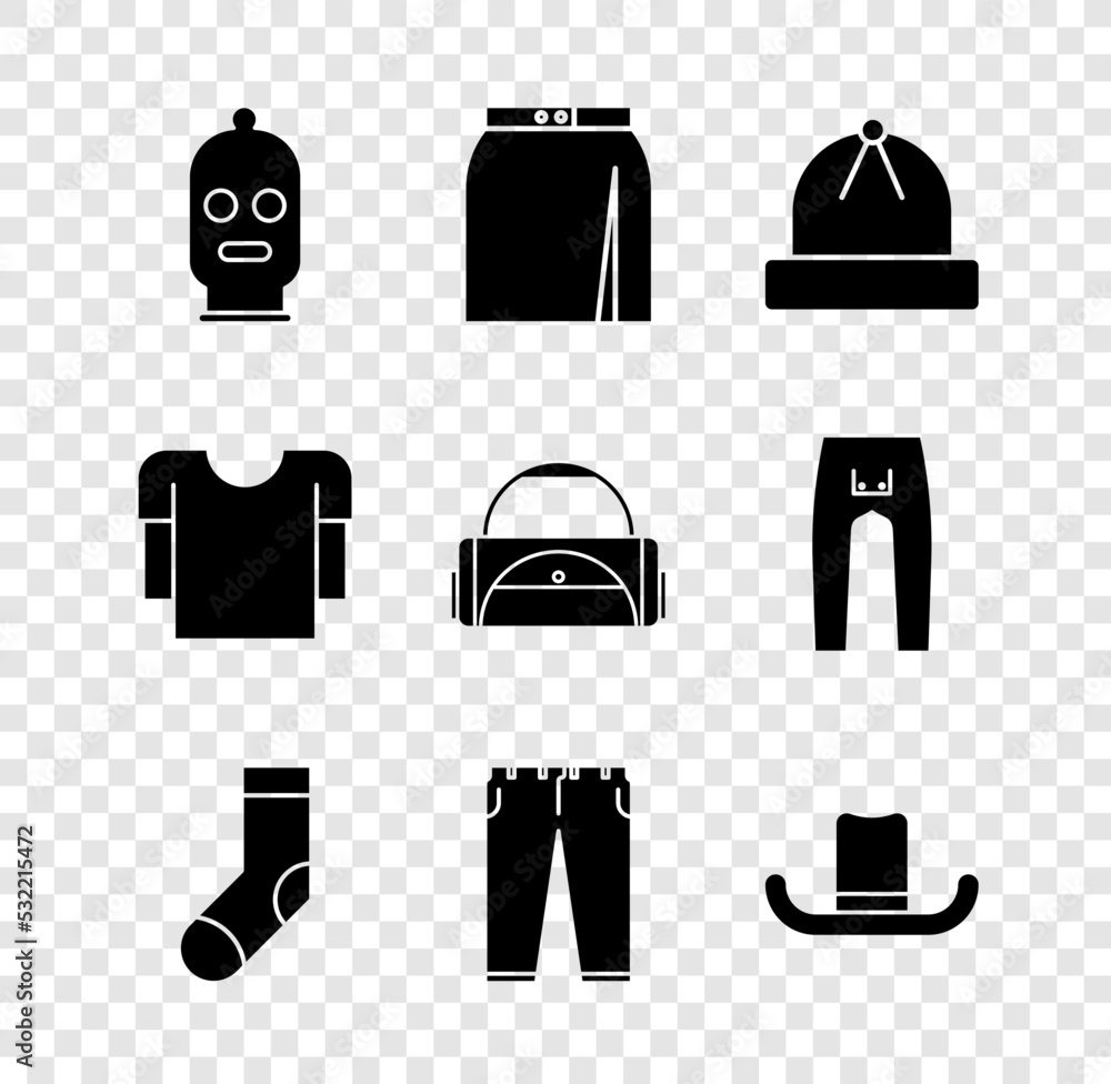 Set Balaclava, Skirt, Winter hat, Socks, Pants, Man, Long sleeve shirt and Sport bag icon. Vector Set Balaclava, Skirt, Winter hat, Socks, Pants, Man, Long sleeve shirt and Sport bag icon. Vector