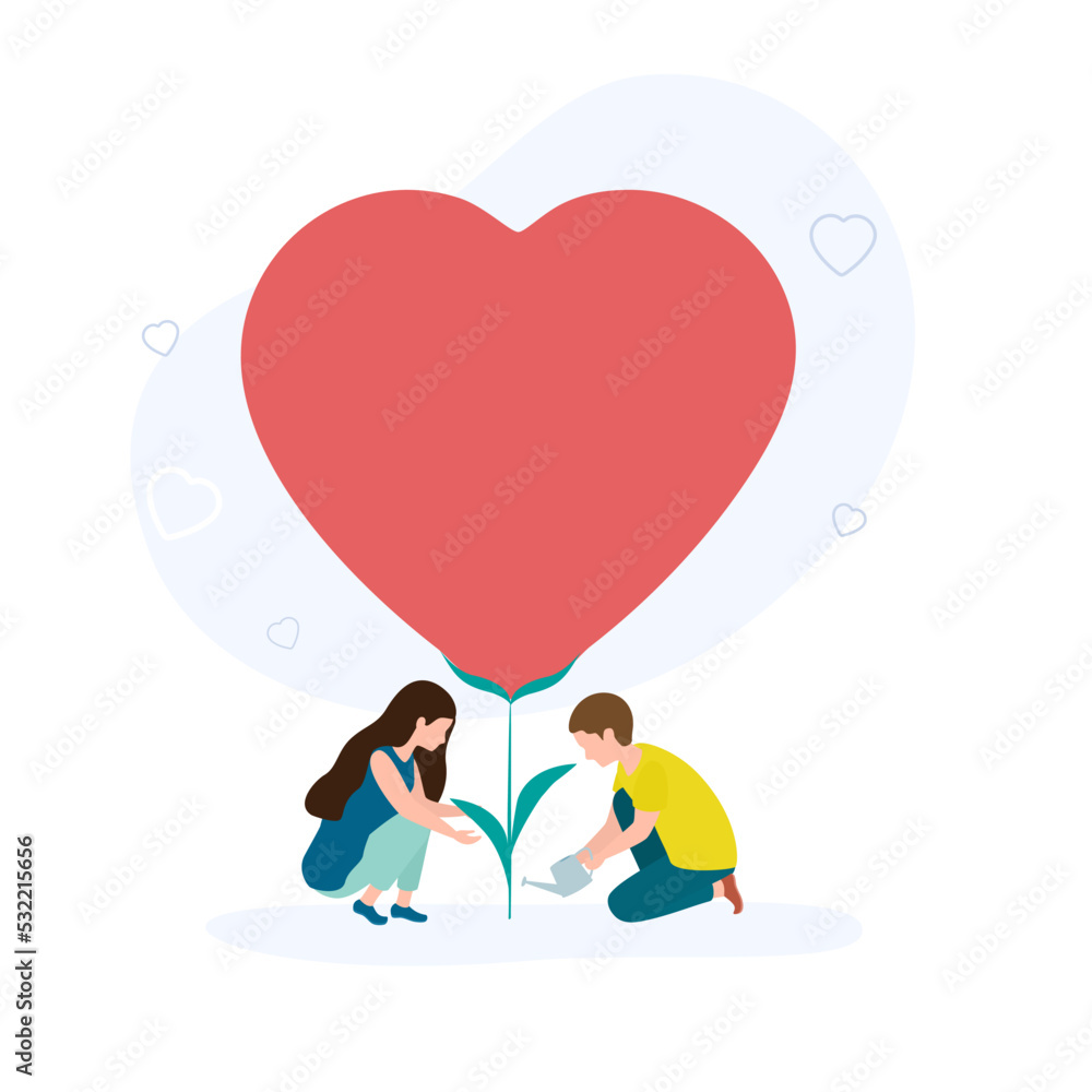 Girl and young man watering the heart. Human relations, Loving couple watering love plant or grow love romantic concept. Vector illustration isolated on white background. Girl and young man watering the heart. Human relations, Loving couple watering love plant or grow love romantic concept. Vector illustration isolated on white background.