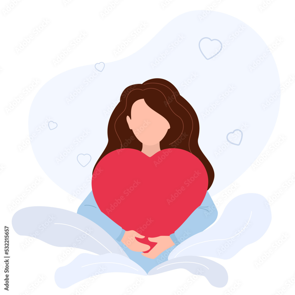 Girl hugs a big red heart. The concept of self-acceptance, confidence, love, volunteering.Vector illustration isolated on white background. Girl hugs a big red heart. The concept of self-acceptance, confidence, love, volunteering.Vector illustration isolated on white background.
