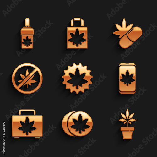 Set Marijuana or cannabis leaf, Herbal ecstasy tablets, plant, Mobile and marijuana, Shopping box of, Stop, Medical pills with and olive oil icon. Vector