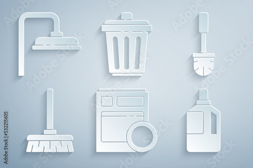 Set Kitchen dishwasher machine, Toilet brush, Handle broom, Fabric softener, Trash can and Shower head icon. Vector