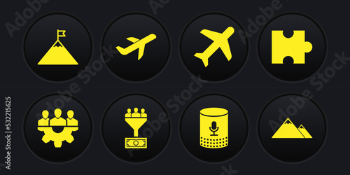 Set Project team base, Piece of puzzle, Lead management, Voice assistant, Plane and icon. Vector