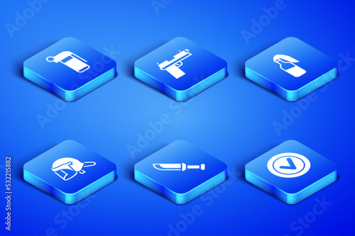 Set Check mark in round, Hand grenade, Military knife, Police helmet, Pistol or gun and Cocktail molotov icon. Vector