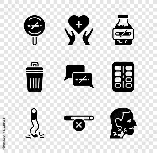 Set No smoking, Heart with cross, Nicotine gum blister pack, Cigarette butt, Throat cancer, Trash and icon. Vector