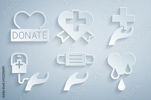 Set Medical protective mask, Heart with cross, Blood donation, and Donation and charity icon. Vector