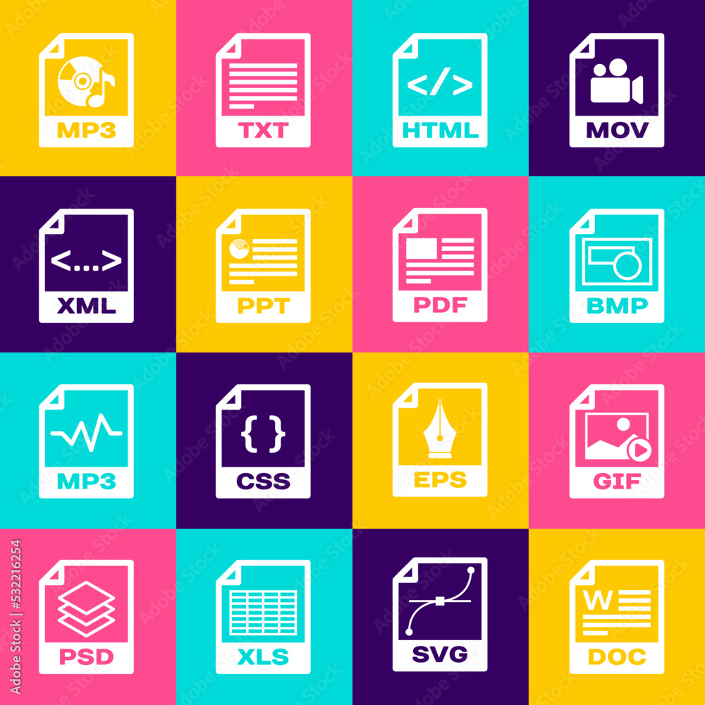 Set DOC file document, GIF, BMP, HTML, PPT and XML icon. Vector Set DOC file document, GIF, BMP, HTML, PPT and XML icon. Vector