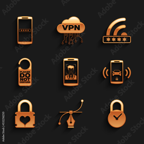 Set Mobile and face recognition, Bezier curve, Padlock with clock, Smart car alarm system, heart and Please do not disturb icon. Vector