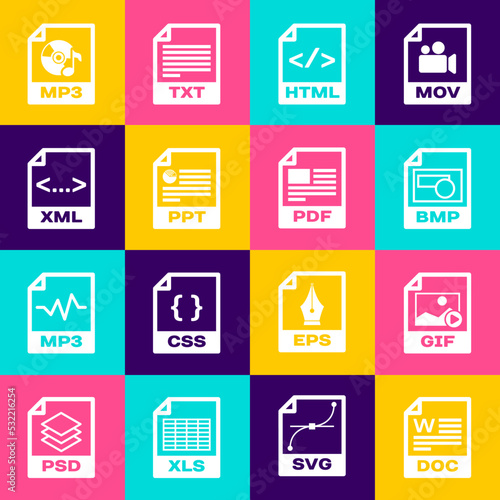 Set DOC file document, GIF, BMP, HTML, PPT and XML icon. Vector