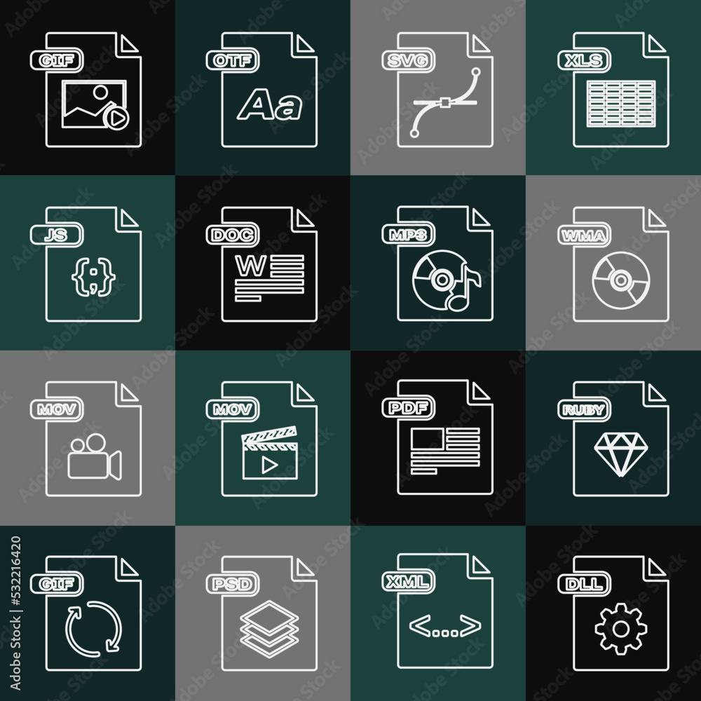 Set line DLL file document, RUBY, WMA, SVG, DOC, JS, GIF and MP3 icon. Vector Set line DLL file document, RUBY, WMA, SVG, DOC, JS, GIF and MP3 icon. Vector