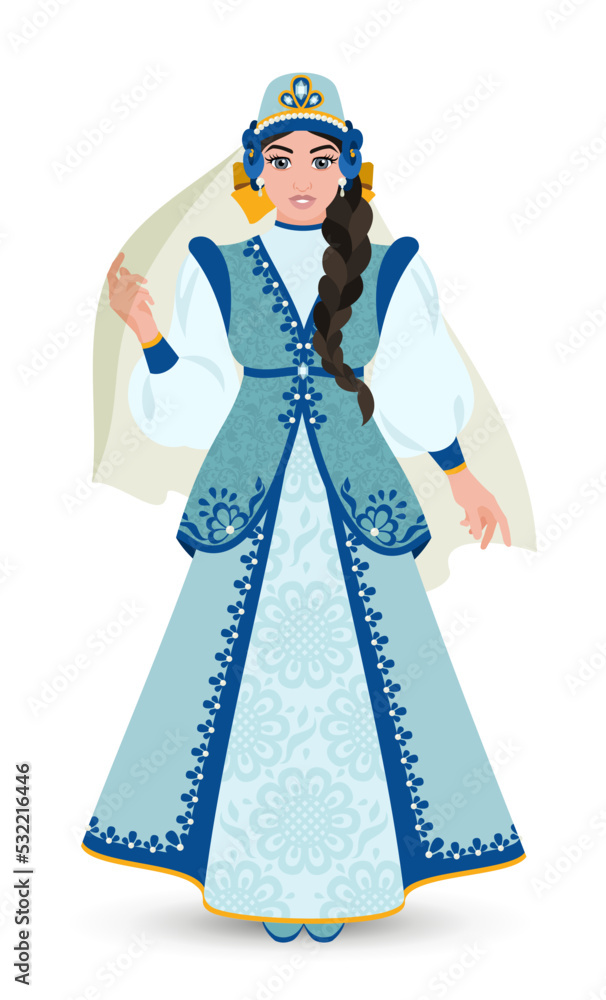 The Snow Maiden is the granddaughter of Father Christmas. A young girl in an inlaid headdress with a veil, a warm sleeveless vest and a long dress. Slavic retro fashion. Itsoria of the costume. Vector