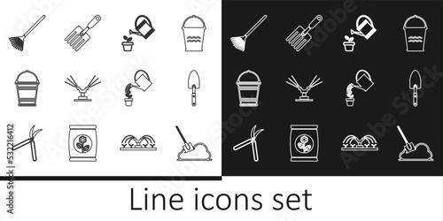 Set line Shovel in the ground, Garden trowel spade or shovel, Watering can, Automatic irrigation sprinklers, Bucket, rake for leaves, and fork icon. Vector