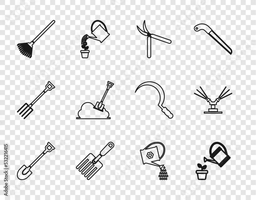 Set line Garden shovel, Watering can, Gardening handmade scissor, fork, rake leaves, Shovel the ground, and Automatic irrigation sprinklers icon. Vector