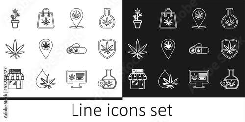 Set line Test tube with marijuana, Shield and, Location, Marijuana or cannabis leaf, plant in pot, Medical pills and Shopping bag of icon. Vector