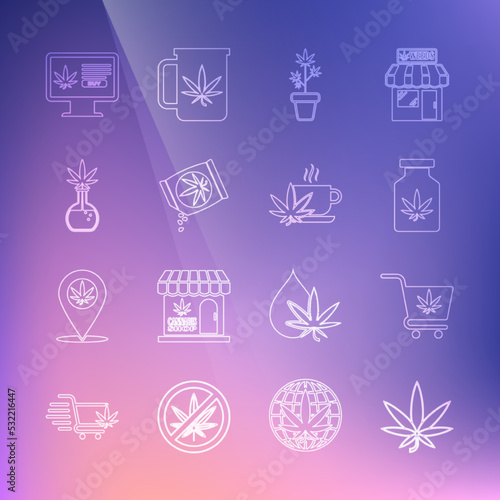 Set line Marijuana or cannabis leaf, Shopping cart with marijuana, Medical bottle, plant pot, seeds, Test tube, Online buying and Cup tea icon. Vector