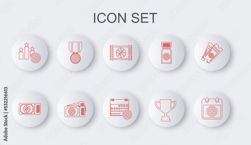 Set line Basketball on sport calendar, game ticket, video, Award cup, Sports winner podium, medal, and icon. Vector Set line Basketball on sport calendar, game ticket, video, Award cup, Sports winner podium, medal, and icon. Vector