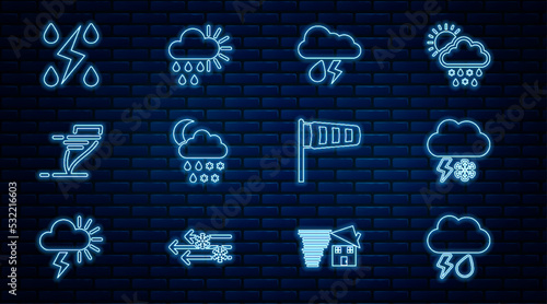 Set line Cloud with rain and lightning, snow, rain, moon, Tornado, Storm, Cone meteorology windsock wind vane and Cloudy sun icon. Vector