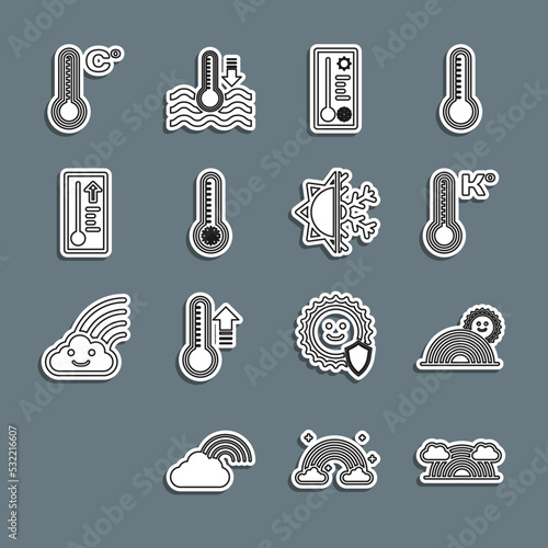 Set line Rainbow with clouds, sun, Meteorology thermometer, and Sun and snowflake icon. Vector