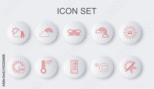 Set line Sun and snowflake, UV protection, Rainbow with clouds, Celsius, Thermometer cloud, sun, Meteorology thermometer and icon. Vector