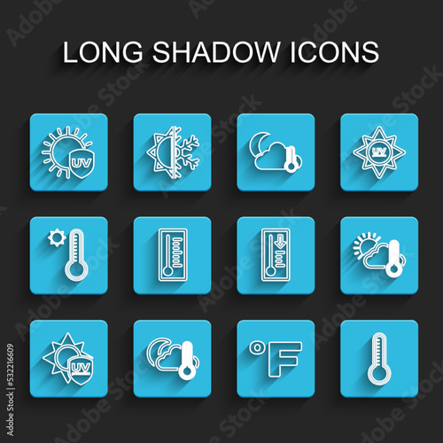 Set line UV protection, Thermometer and cloud, moon, Fahrenheit, Meteorology thermometer, sun and icon. Vector
