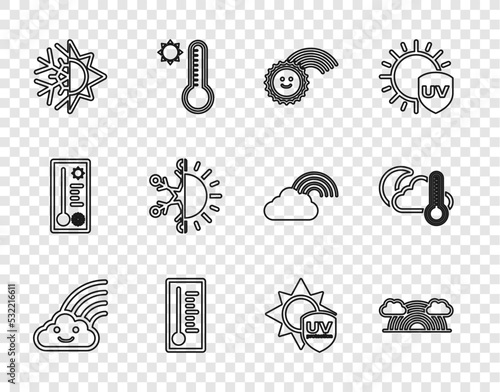 Set line Rainbow with cloud, clouds, sun, Meteorology thermometer, Sun and snowflake, UV protection and Thermometer moon icon. Vector