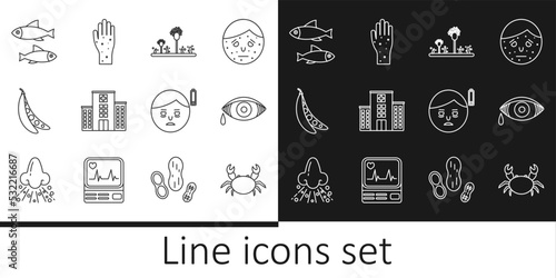 Set line Crab, Reddish eye allergic conjunctivitis, Mold, Medical hospital building, Kidney beans, Fish, Fatigue and Hand with psoriasis or eczema icon. Vector