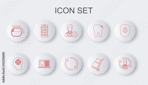 Set line Human resources, Head hunting concept, Profile settings, Hand truck and boxes, Coffee pot, Smartphone with contacts, Laptop dental card and Refresh icon. Vector