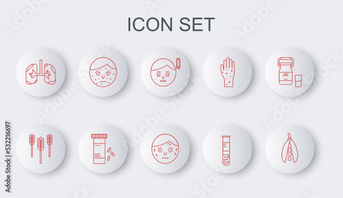 Set line Kidney beans, Wheat, Fatigue, Test tube and flask, Lungs, Face with psoriasis or eczema, Medicine bottle pills and Man excessive sweating icon. Vector