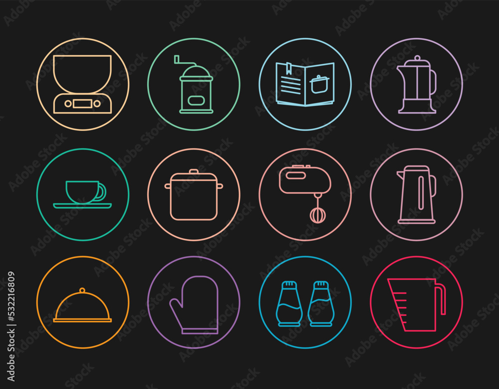 Set line Measuring cup, Kettle with handle, Cookbook, Cooking pot, Coffee, Electronic scales, Electric mixer and Manual coffee grinder icon. Vector Set line Measuring cup, Kettle with handle, Cookbook, Cooking pot, Coffee, Electronic scales, Electric mixer and Manual coffee grinder icon. Vector
