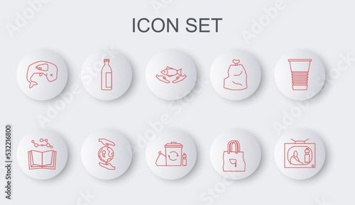 Set line Stop plastic pollution, Open book, Fish care, Shopping bag with recycle, Environment protection whale dead, Lotion cosmetic tube, Hands holding Earth globe and Recycle bin icon. Vector