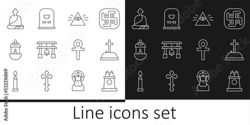 Set line Stage stand or tribune, Tombstone with cross, Masons, Japan Gate, Ramadan Kareem lantern, Buddhist monk, Cross ankh and RIP written icon. Vector