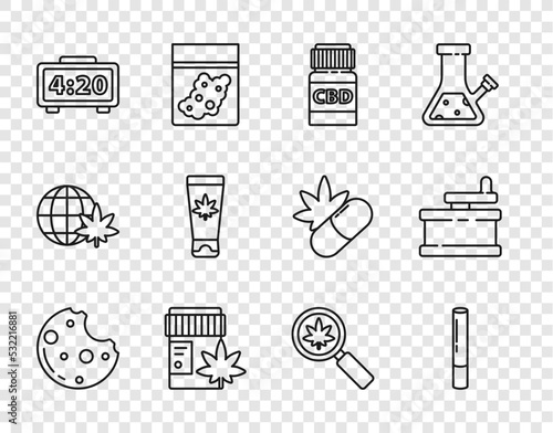 Set line Cookies with marijuana, Marijuana joint, Medical bottle cannabis, Digital alarm clock, cream, Magnifying glass and and Manual grinder icon. Vector