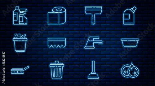 Set line Washing dishes, Plastic basin, Rubber cleaner for windows, Sponge with bubbles, Bucket soap suds, Bottles cleaning agent, Water tap and Toilet paper roll icon. Vector