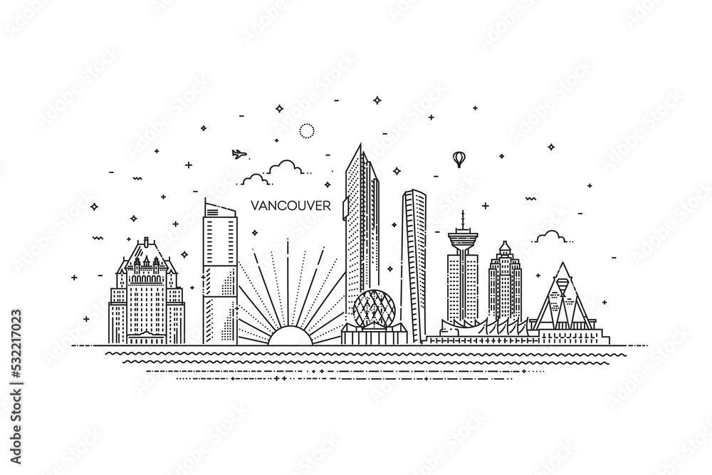 Canada, Vancouver architecture line skyline illustration