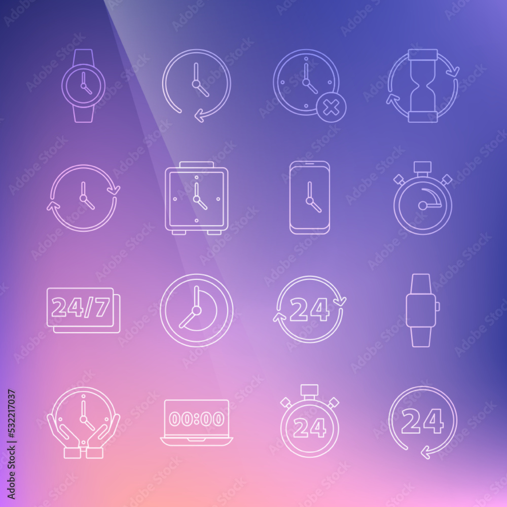 Set line Clock 24 hours, Smartwatch, Stopwatch, delete, Alarm clock, Wrist and app mobile icon. Vector Set line Clock 24 hours, Smartwatch, Stopwatch, delete, Alarm clock, Wrist and app mobile icon. Vector