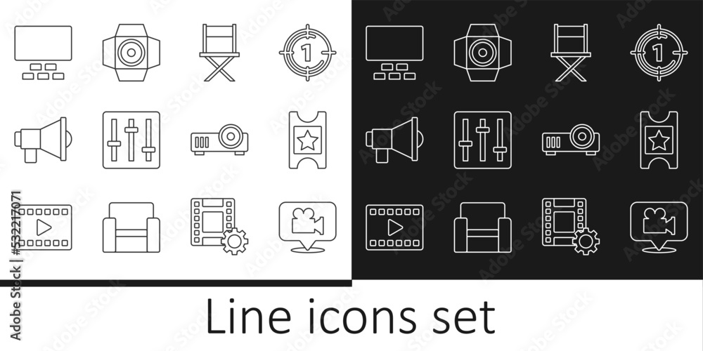 Set line Camera and location, Cinema ticket, Director movie chair, Sound mixer controller, Megaphone, auditorium with seats, Media projector and Movie spotlight icon. Vector Set line Camera and location, Cinema ticket, Director movie chair, Sound mixer controller, Megaphone, auditorium with seats, Media projector and Movie spotlight icon. Vector