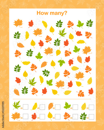 How many counting educational game for kids with autumn leaves, design elements, watercolor illustration, educational puzzle, printable worksheet for kids, leisure or study game, teachers resources