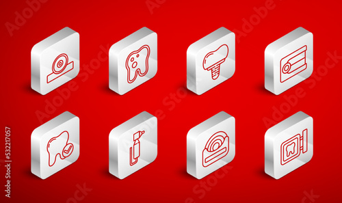 Set line Dental clinic location, Tooth with caries, implant, Dentures model, floss, Otolaryngological head reflector, drill and whitening concept icon. Vector