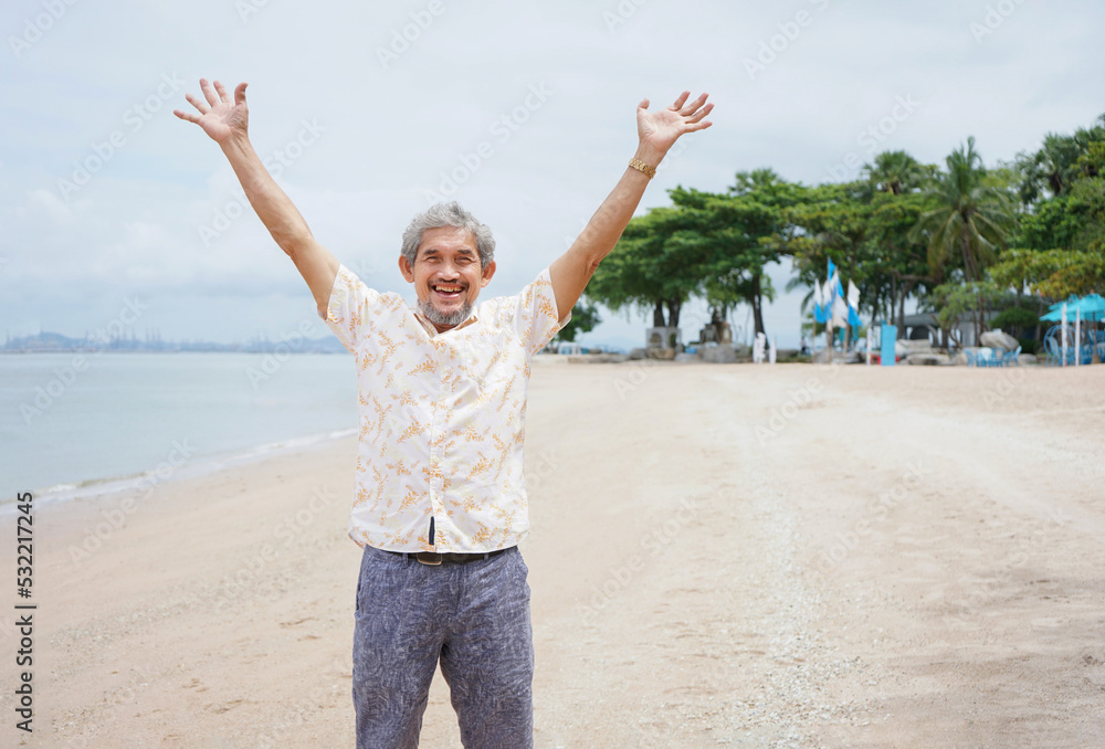 happy senior enjoying the summer vacation, old mature man standing and outstretched arms feeling free at the beach happy senior enjoying the summer vacation, old mature man standing and outstretched arms feeling free at the beach