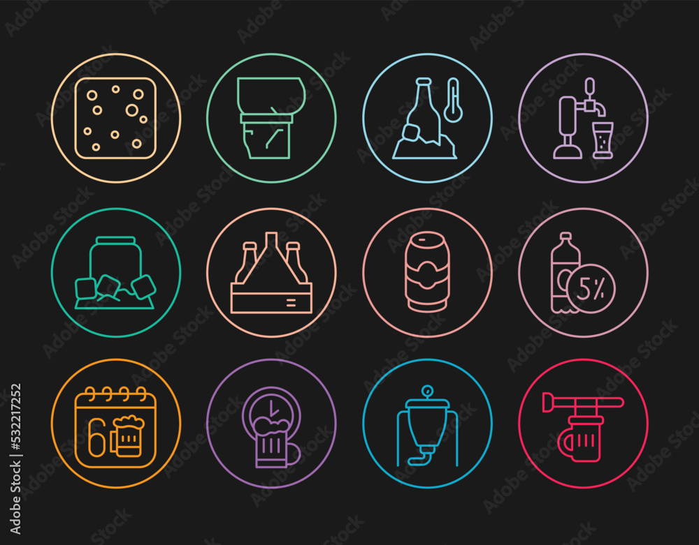 Set line Signboard with glass of beer, Beer bottle, Cold, Pack bottles, can, bubbles, and belly icon. Vector Set line Signboard with glass of beer, Beer bottle, Cold, Pack bottles, can, bubbles, and belly icon. Vector