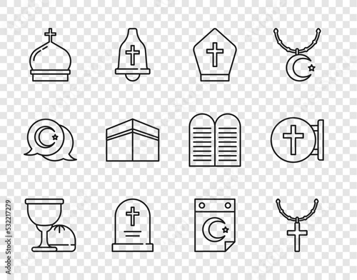 Set line Holy grail or chalice, Christian cross on chain, Pope hat, Tombstone with, Church tower, Kaaba mosque, Star and crescent and icon. Vector