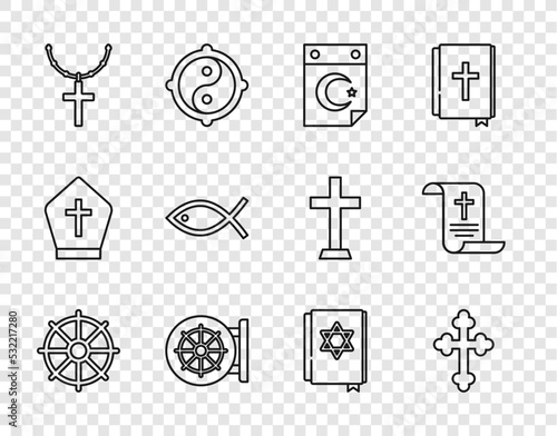 Set line Dharma wheel, Christian cross, Star and crescent, on chain, fish, Jewish torah book and Decree, paper, parchment, scroll icon. Vector