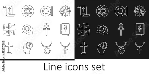 Set line Christian cross on chain, Cross ankh book, Star and crescent, Hindu swastika, Decree, paper, parchment, scroll, and of David icon. Vector photo