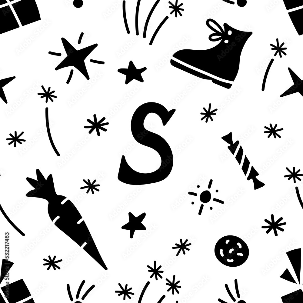Simple vector black and white seamless pattern. Traditional feast day of Saint Nicholas, Sinterklaas. For wrapping paper prints, gifts. Simple vector black and white seamless pattern. Traditional feast day of Saint Nicholas, Sinterklaas. For wrapping paper prints, gifts.